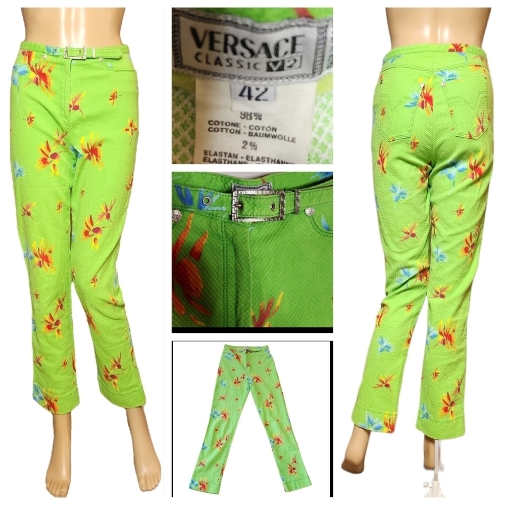 Versace Classic V2 Green Floral Pants Size 42 XS